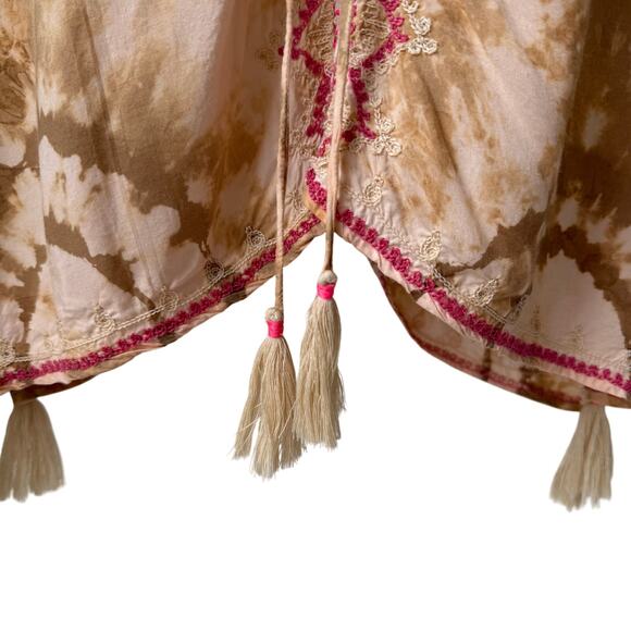 Tie Dye Kaftan Tunic Small Pink Tan Boho Chic Embroidery Tassels Festival Hippie - Picture 7 of 16